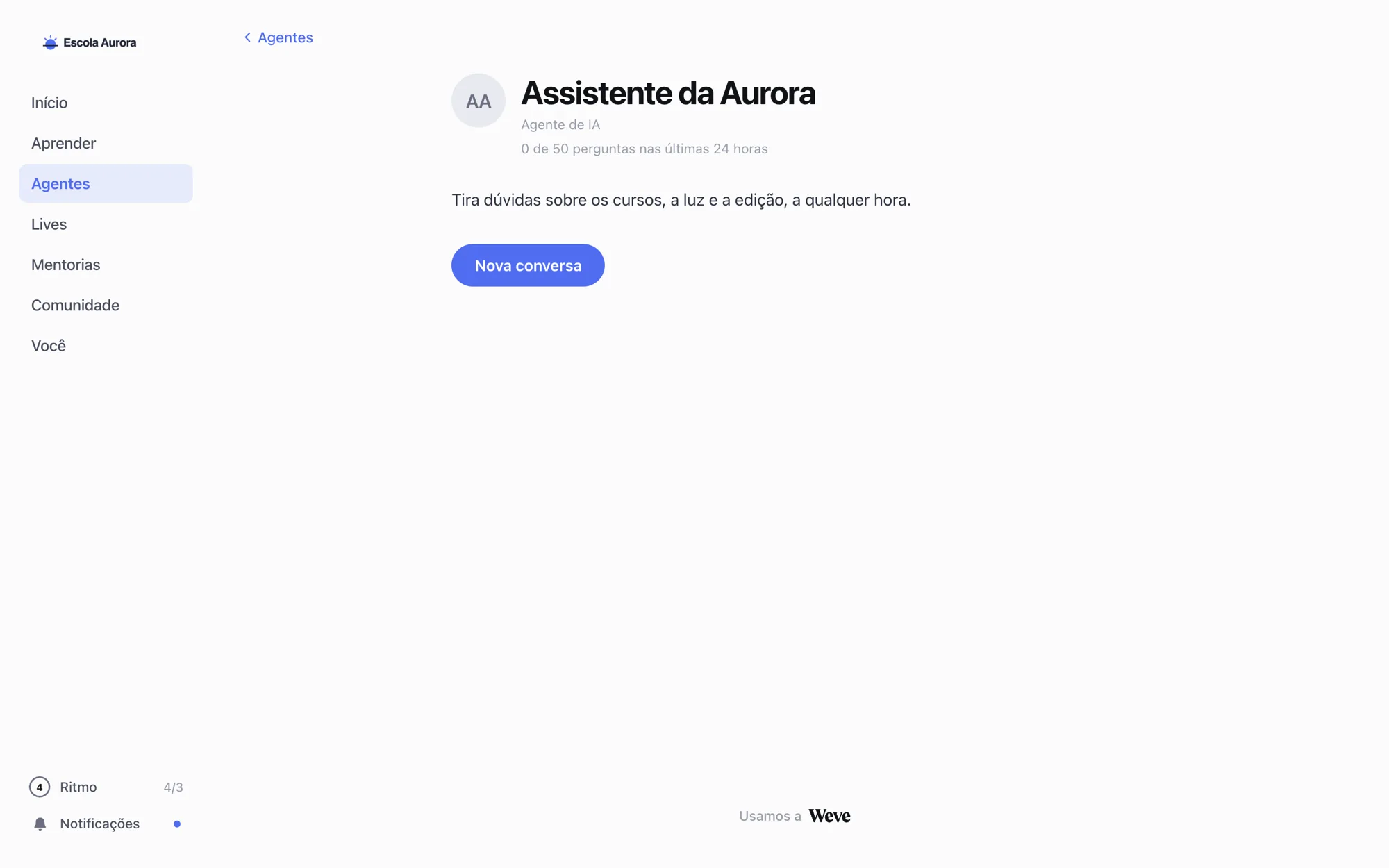 O agente na área do aluno, com a descrição e o botão Nova conversa