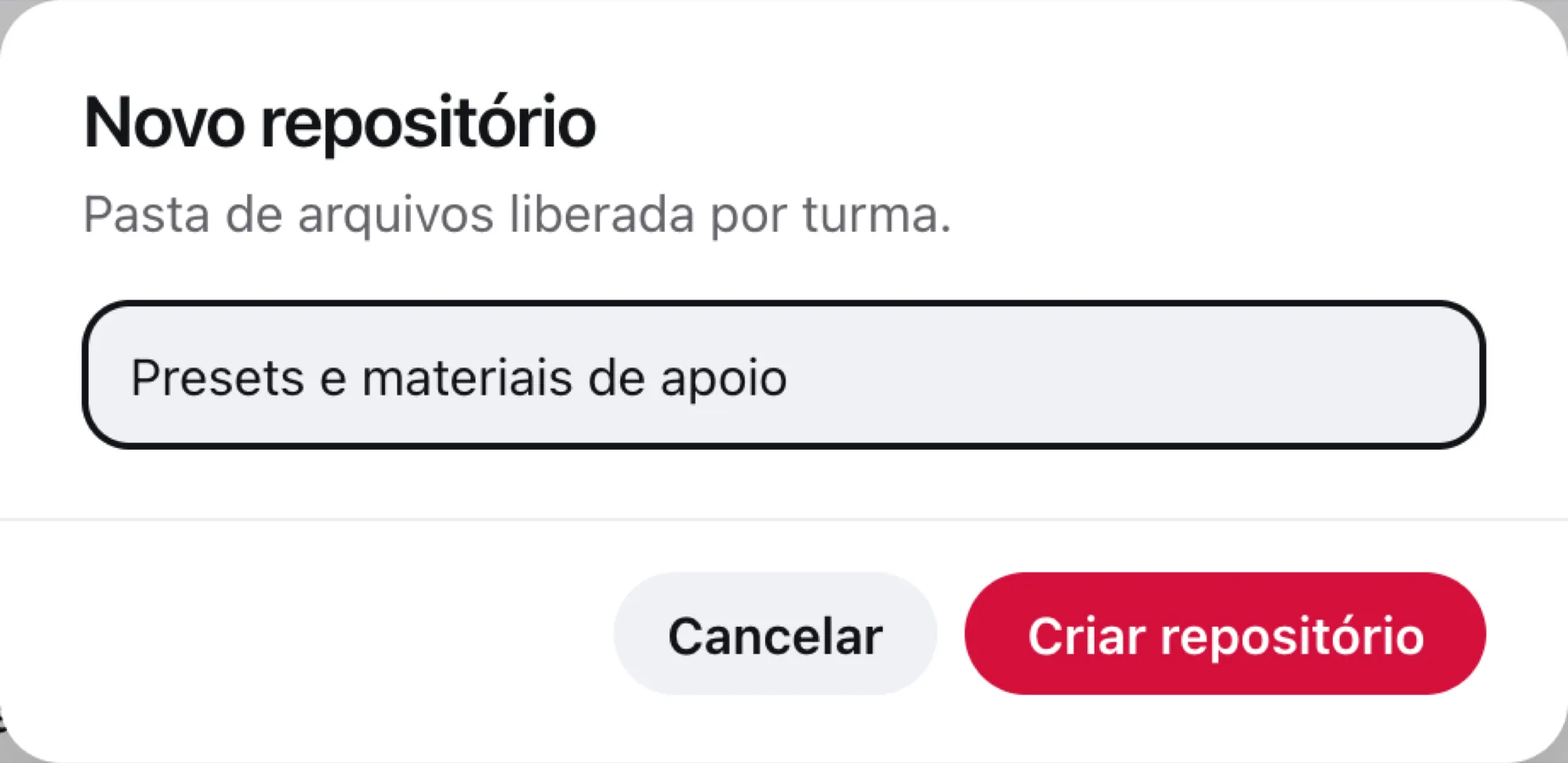 Diálogo Novo repositório com o nome preenchido e o botão Criar repositório