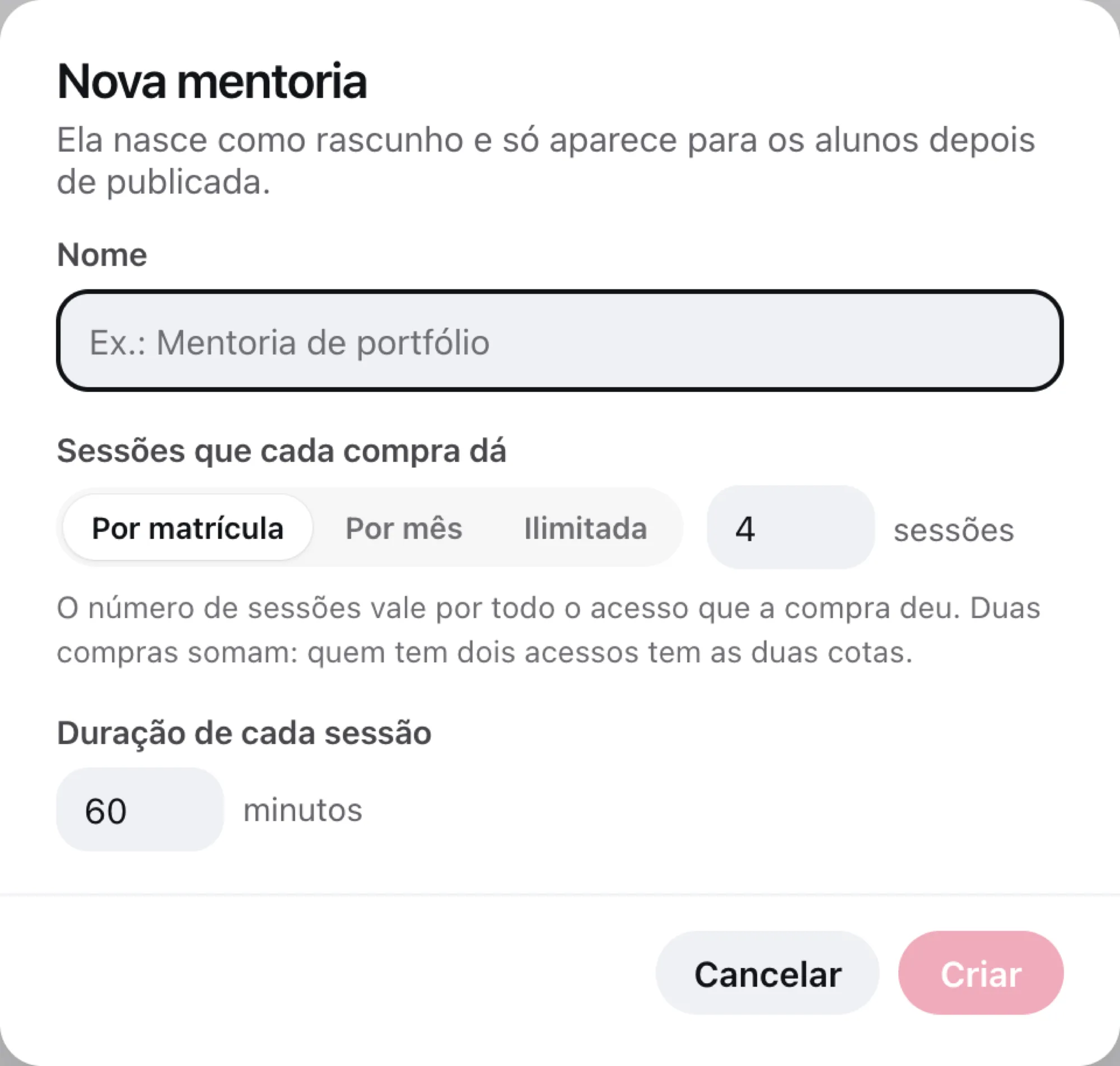 O diálogo Nova mentoria, com nome, sessões que cada compra dá e duração