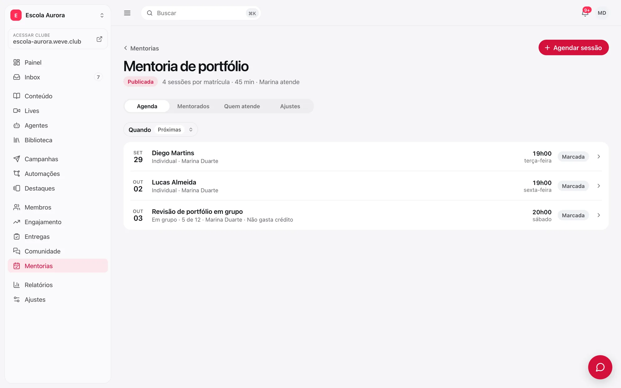 A aba Agenda com as próximas sessões individuais e em grupo