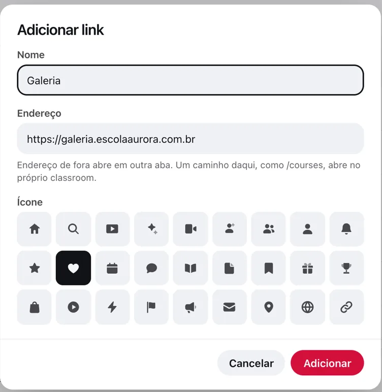 O diálogo Adicionar link, com nome, endereço e ícone escolhidos