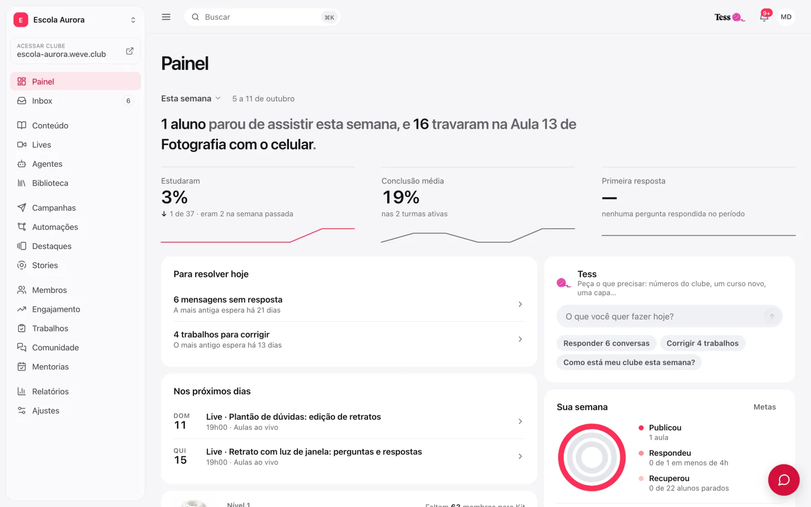 Painel do clube com o período Esta semana, a frase de resumo, os três indicadores e os blocos Para resolver hoje e Tess
