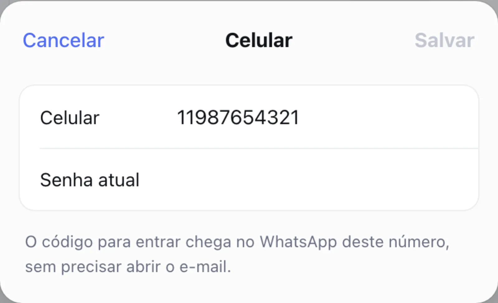 Folha Celular da área do aluno com o número preenchido, o campo Senha atual e a explicação de que o código para entrar chega no WhatsApp deste número