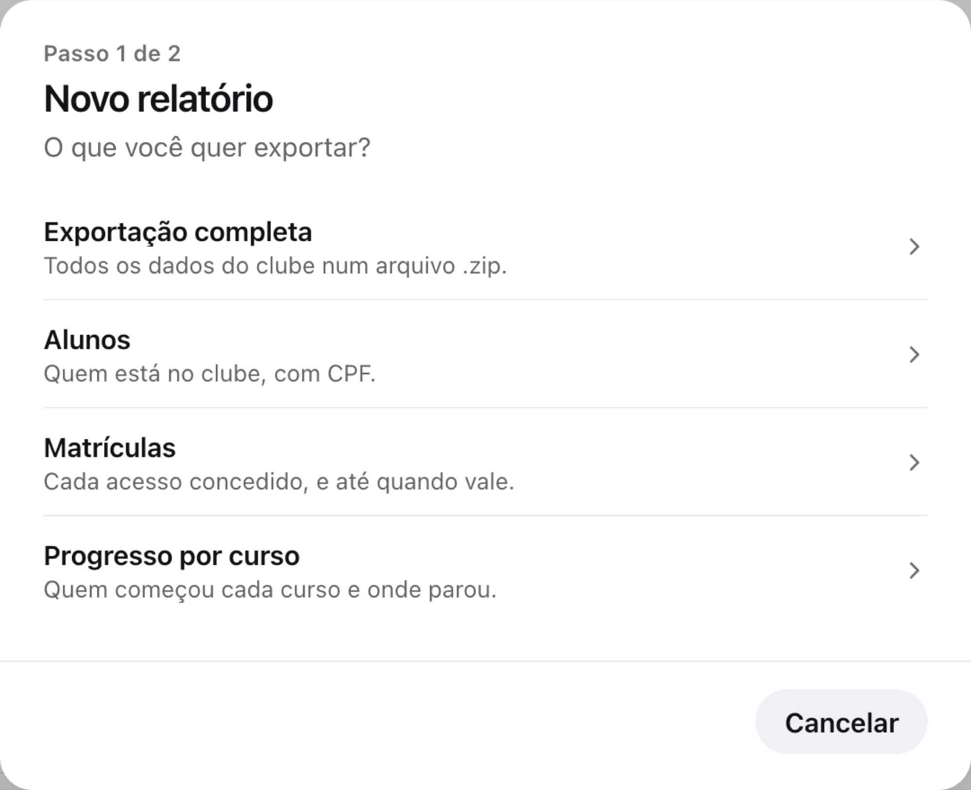Primeiro passo do Novo relatório, com os quatro tipos de exportação