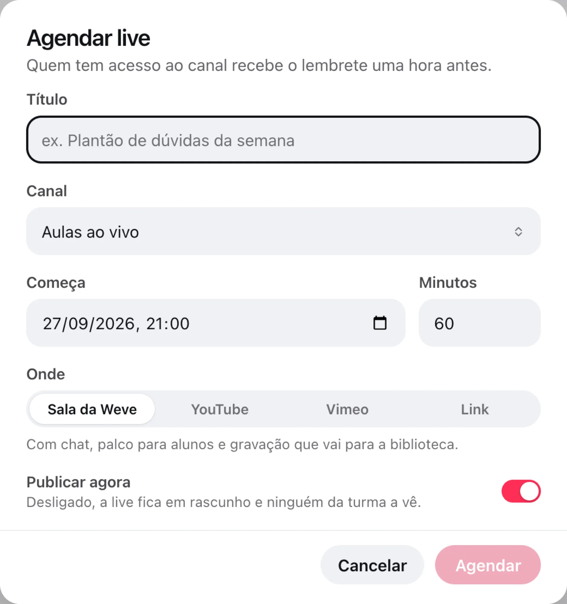 O diálogo Agendar live, com título, canal, horário, onde e publicar agora
