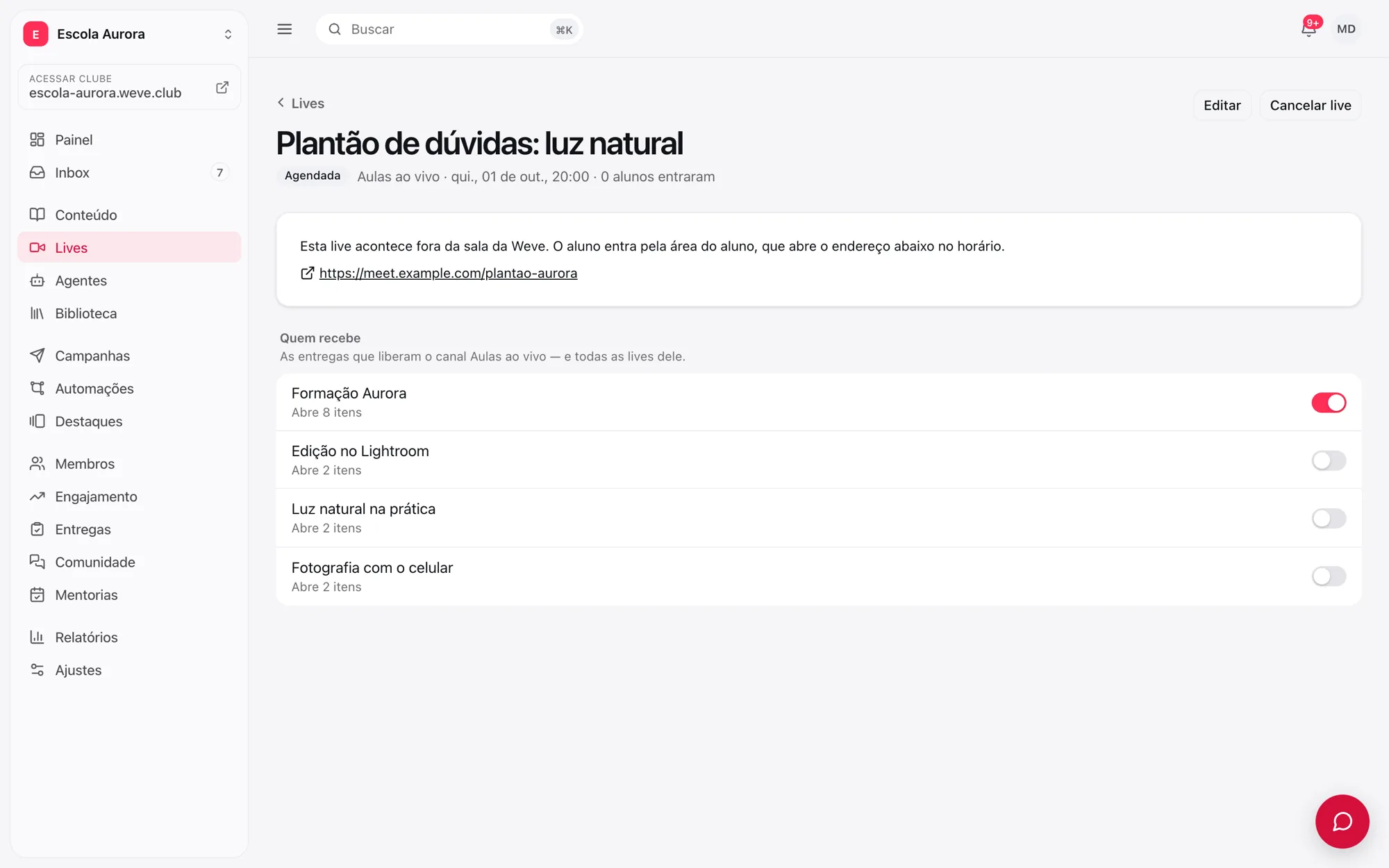A página da live, com o estado, o canal e a data abaixo do título, os botões Editar e Cancelar live e a seção Quem recebe