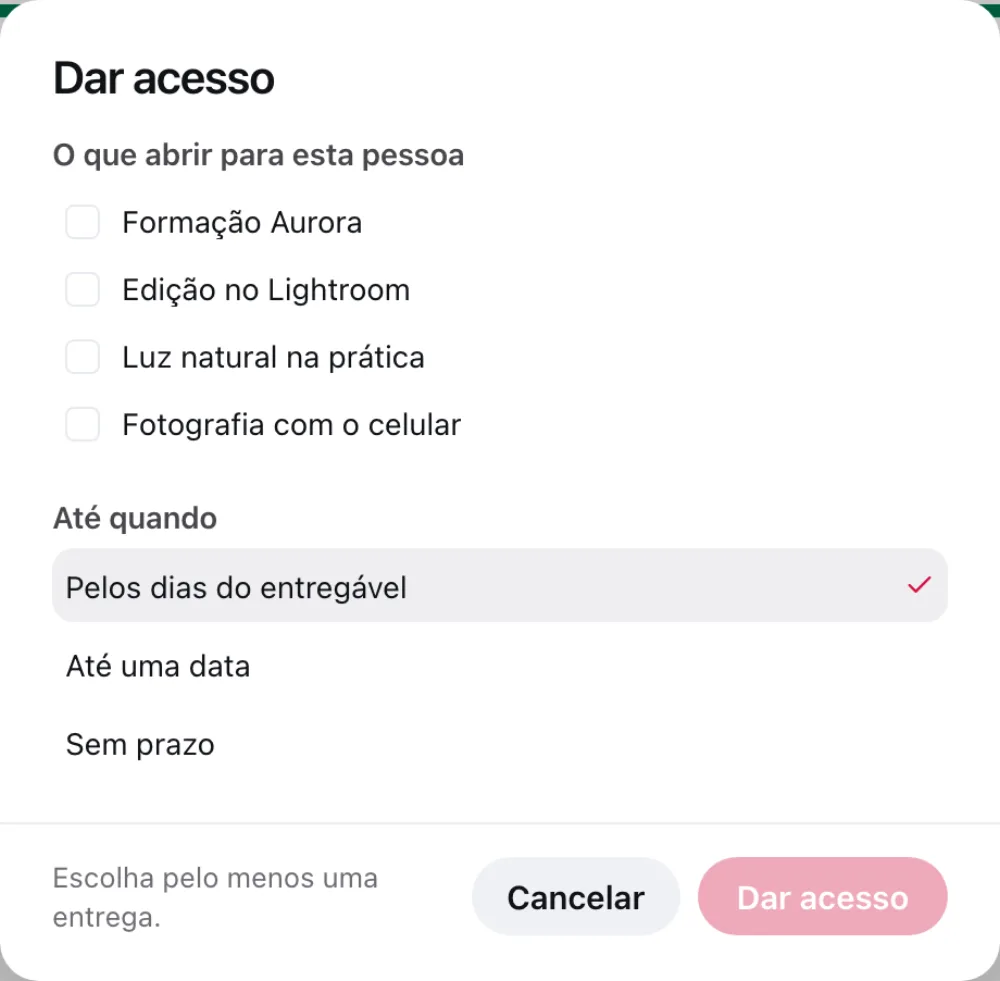 Diálogo Dar acesso com as entregas do clube para marcar e as opções de prazo em Até quando