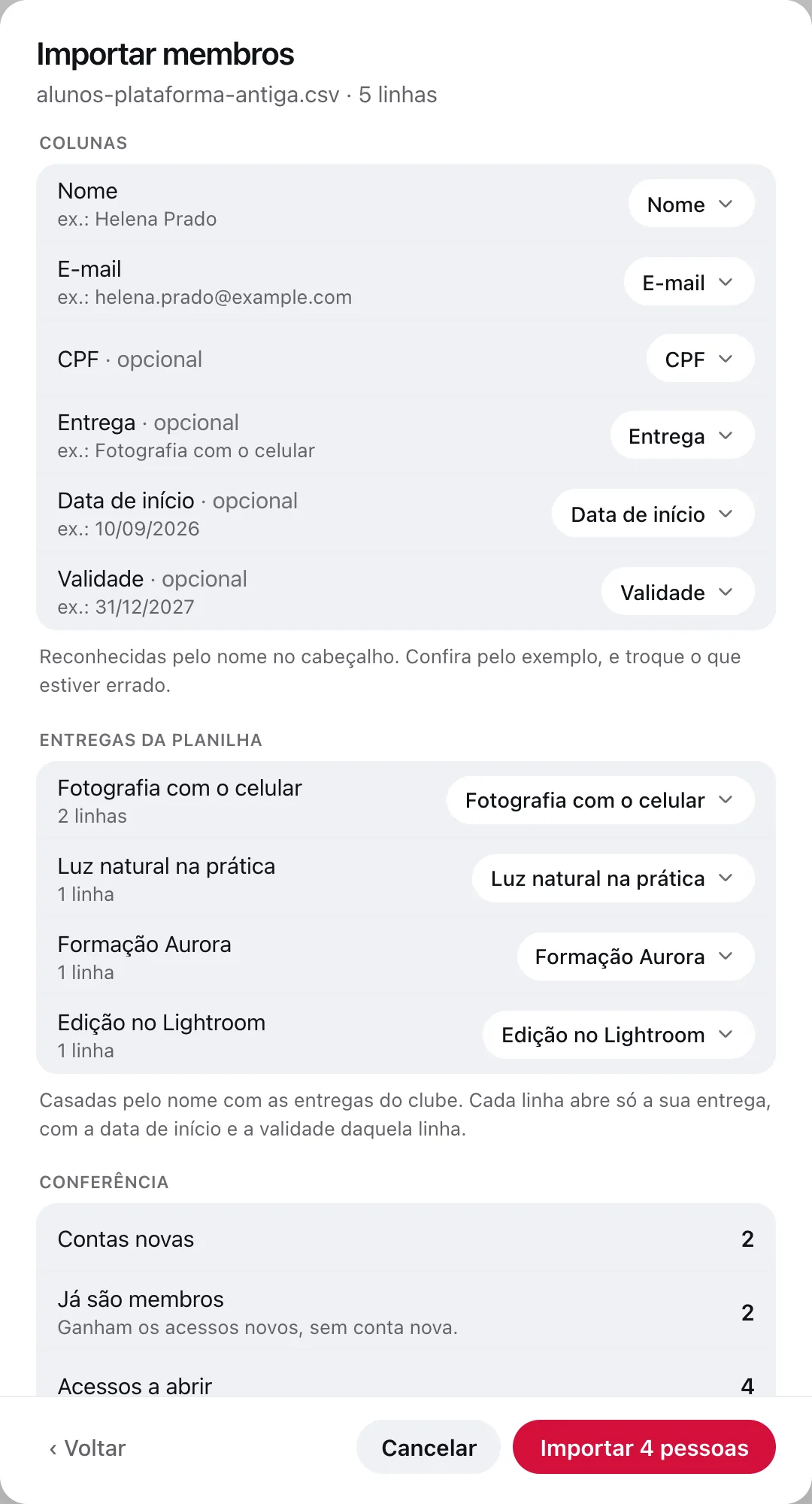 Revisão da importação com as colunas reconhecidas e as entregas da planilha casadas com as do clube
