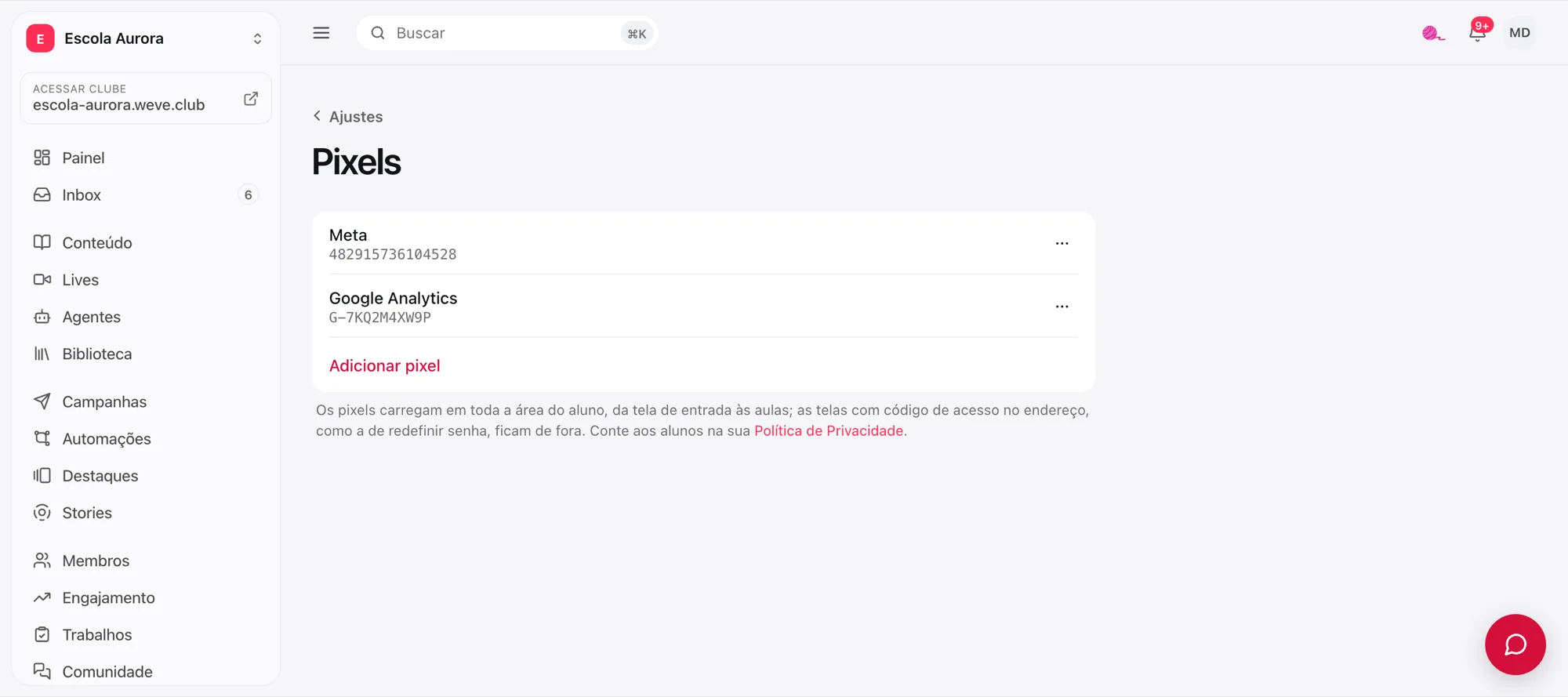 A tela Pixels com um pixel da Meta e um do Google Analytics