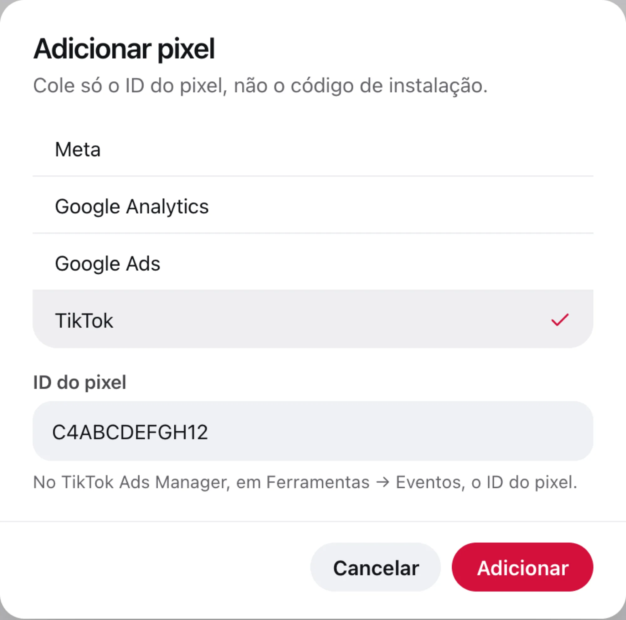O diálogo Adicionar pixel, com o TikTok escolhido e o ID colado