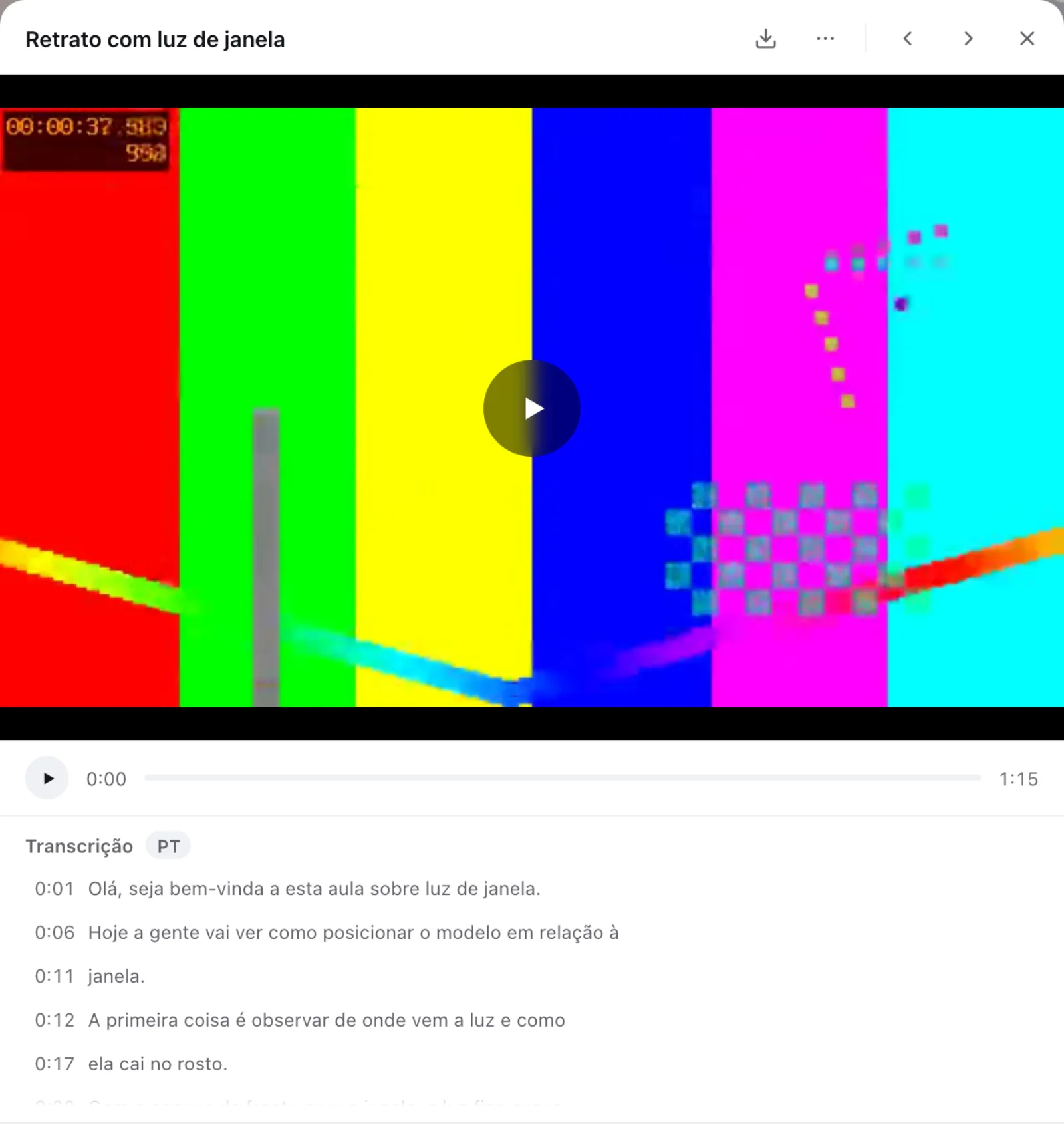 Vídeo aberto na Biblioteca, com a seção Transcrição embaixo do player, mostrando o idioma PT e os trechos com o minuto de cada um