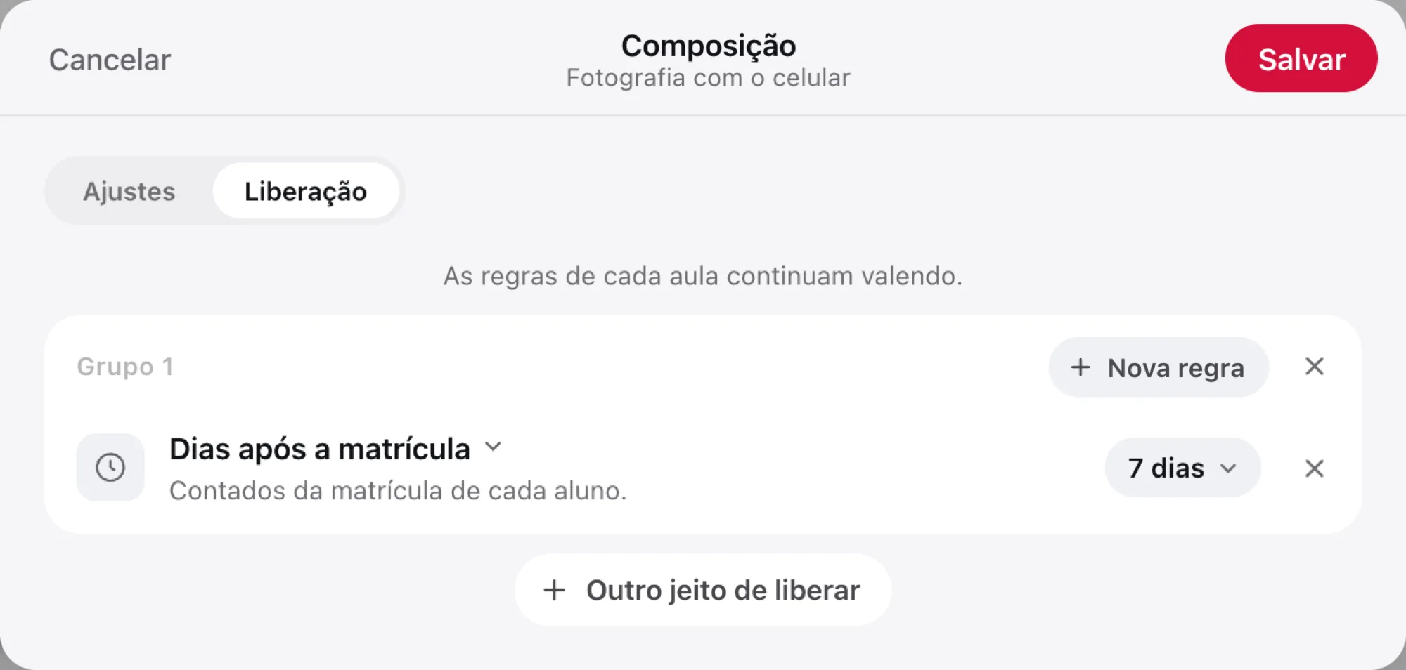 Liberação de um módulo com a regra Dias após a matrícula em 7 dias