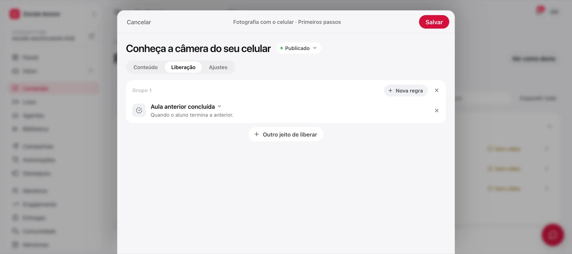 Liberação de uma aula com a regra Aula anterior concluída
