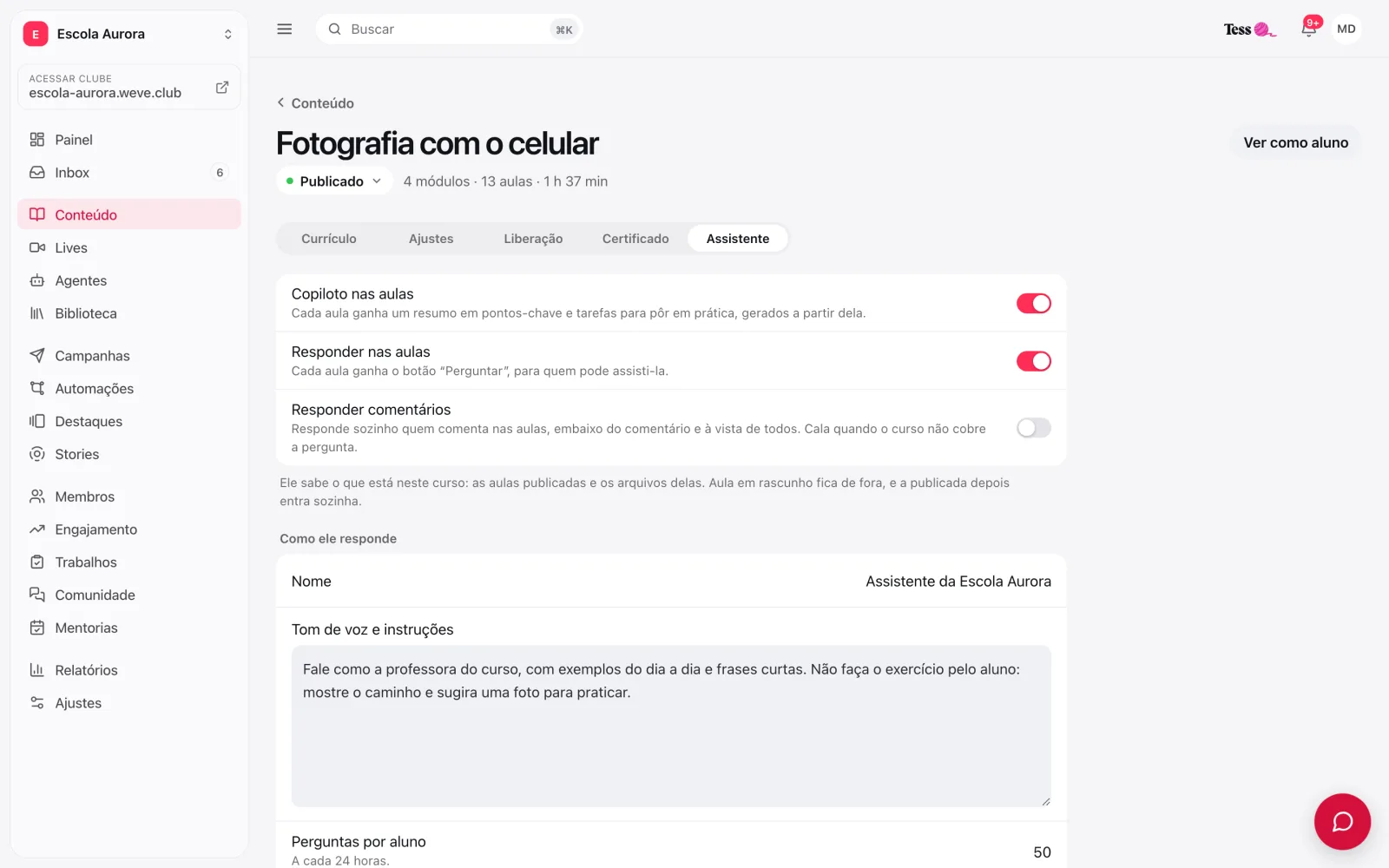 Aba Assistente do curso com Copiloto nas aulas e Responder nas aulas ligados, o nome do assistente e as instruções preenchidas
