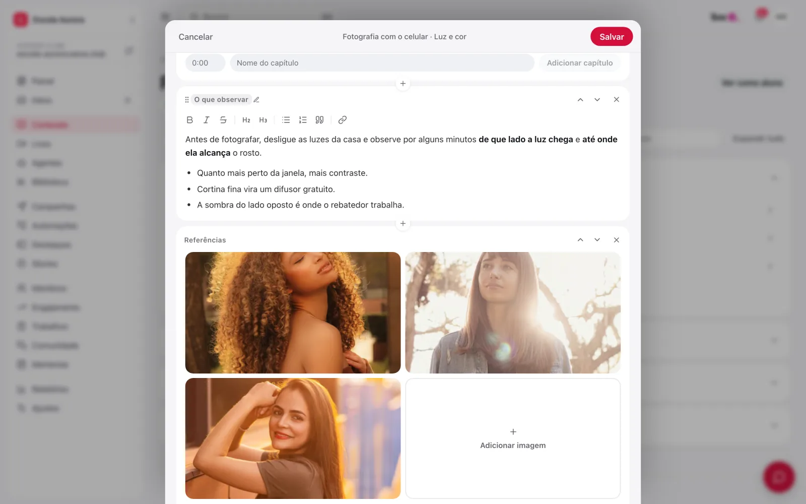 Editor da aula com o bloco de texto O que observar, a barra de formatação e a galeria Referências com três imagens