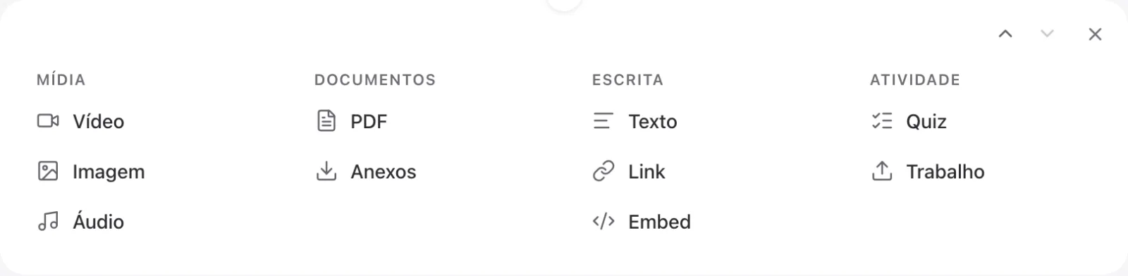 Bloco novo com os tipos em quatro grupos: Mídia (Vídeo, Imagem, Áudio), Documentos (PDF, Anexos), Escrita (Texto, Link, Embed) e Atividade (Quiz, Trabalho)
