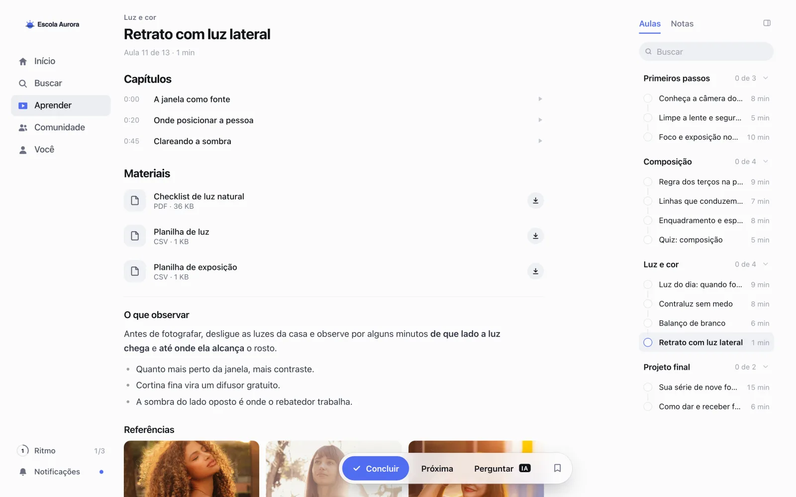 Aula na área do aluno: os capítulos, a lista Materiais com o checklist e as planilhas, e embaixo o texto O que observar e a galeria Referências