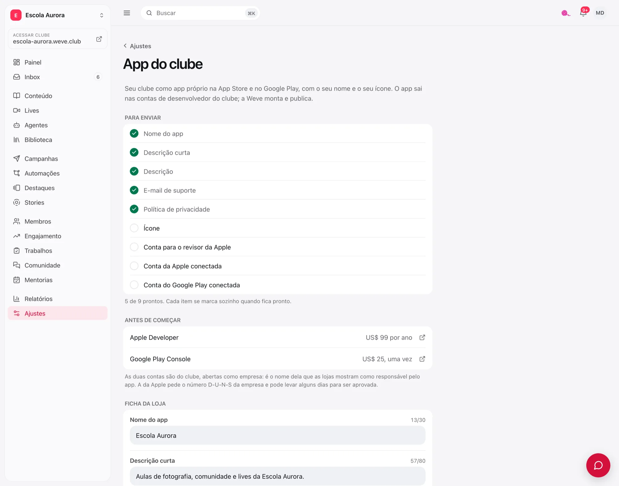 A tela App do clube com a lista Para enviar e as contas de Antes de começar