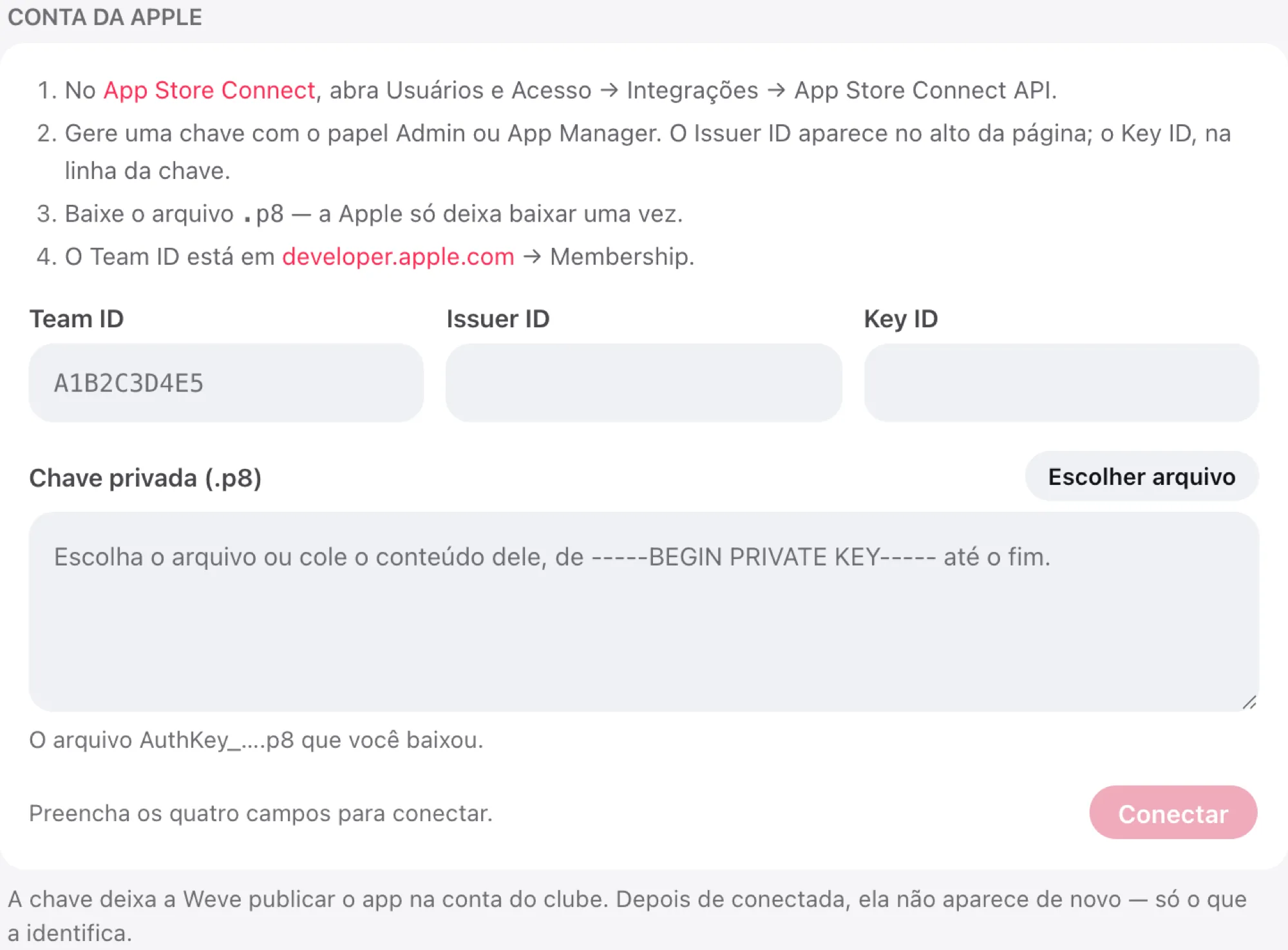 A seção Conta da Apple, com os passos e os quatro campos