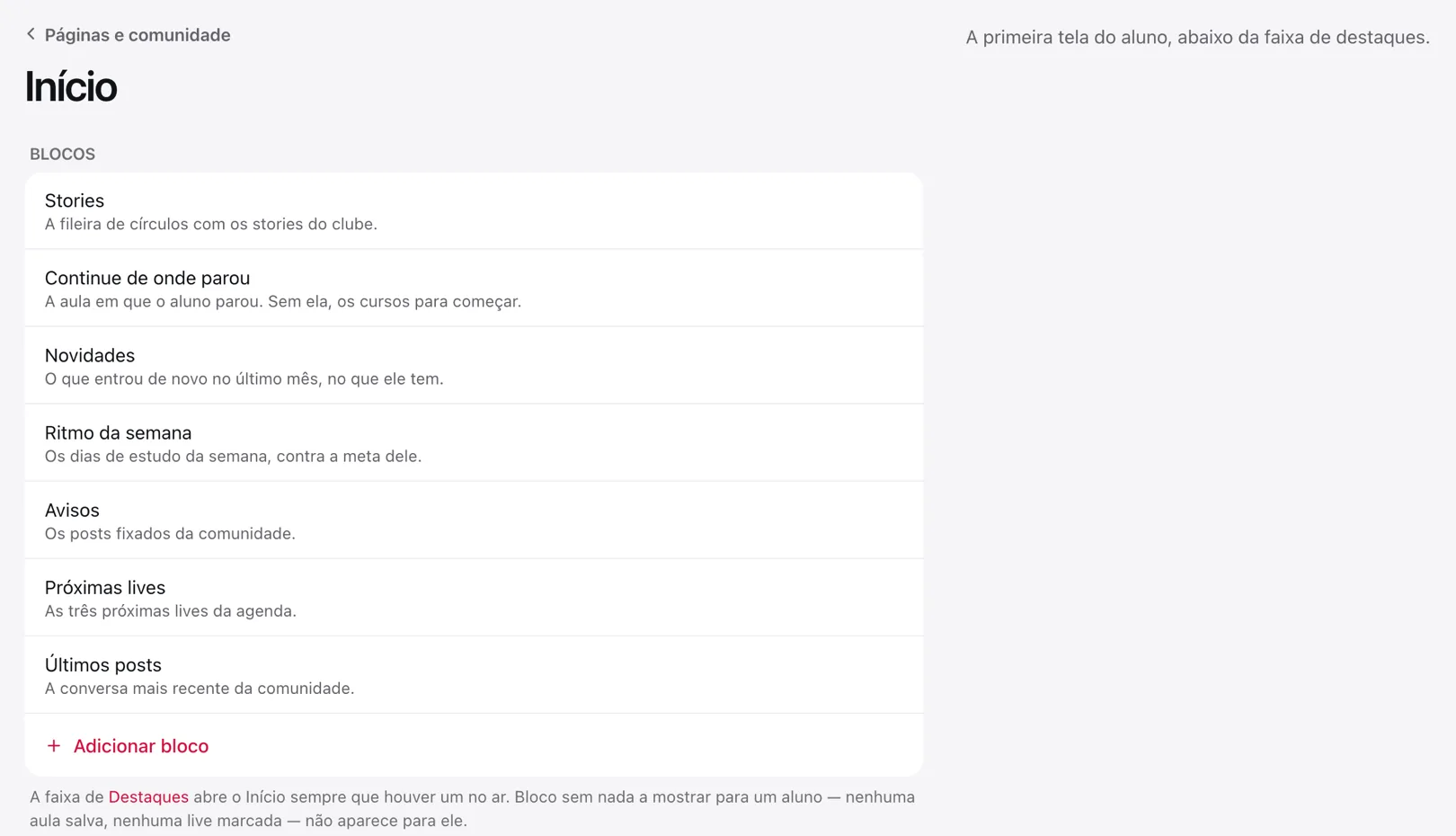 Os blocos do Início, na ordem em que o aluno os vê