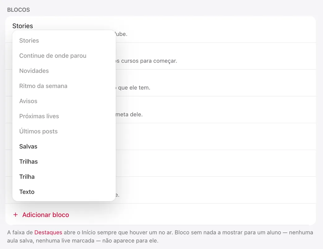 O menu Adicionar bloco, com os blocos que a página aceita