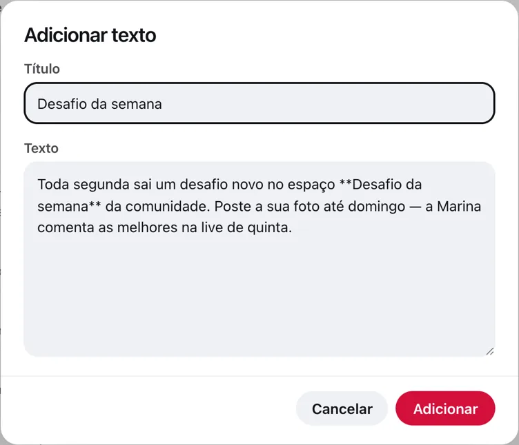 O diálogo Adicionar texto, com título e texto preenchidos