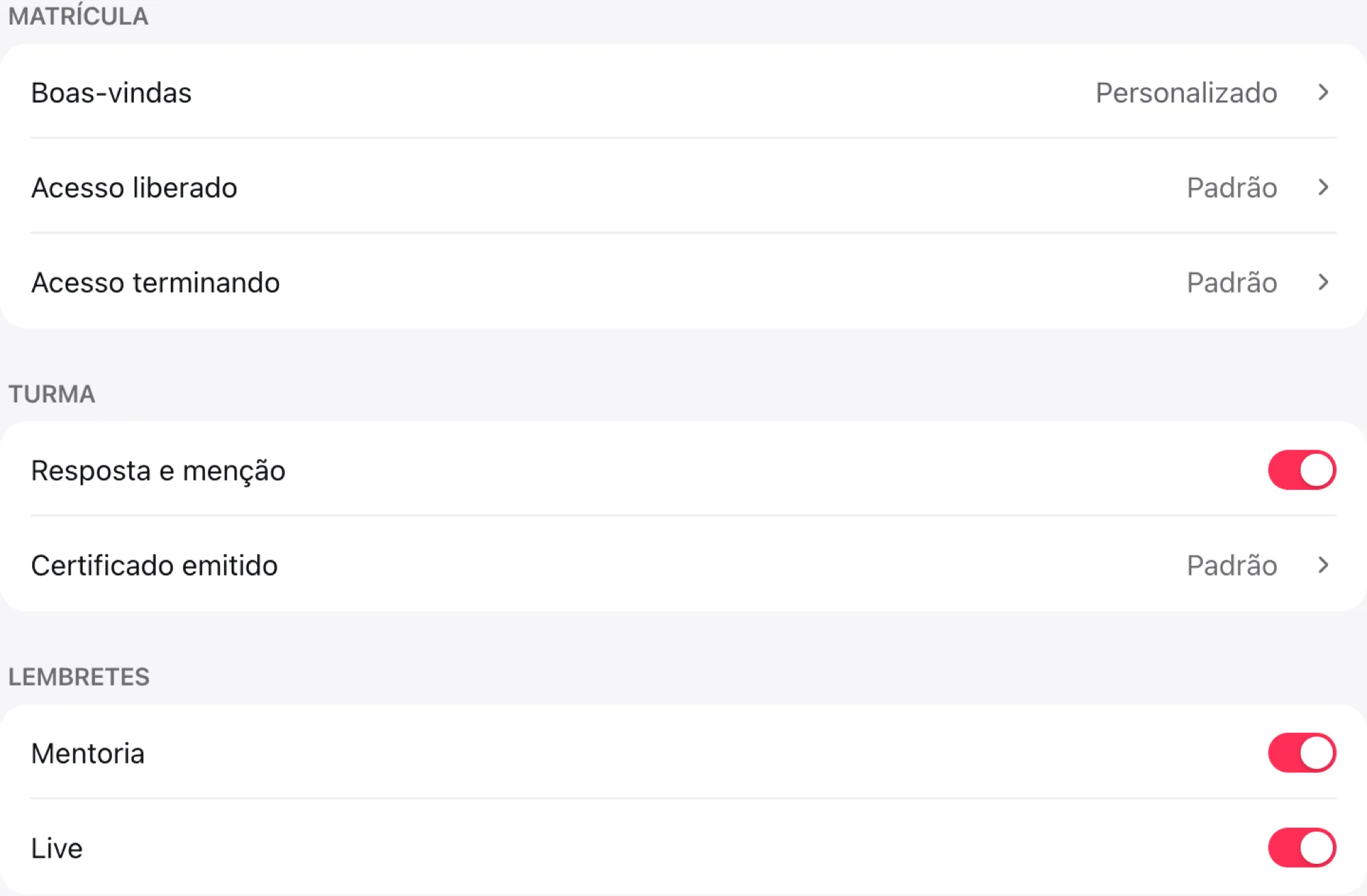 Lista de e-mails do clube agrupada em Matrícula, Turma e Lembretes