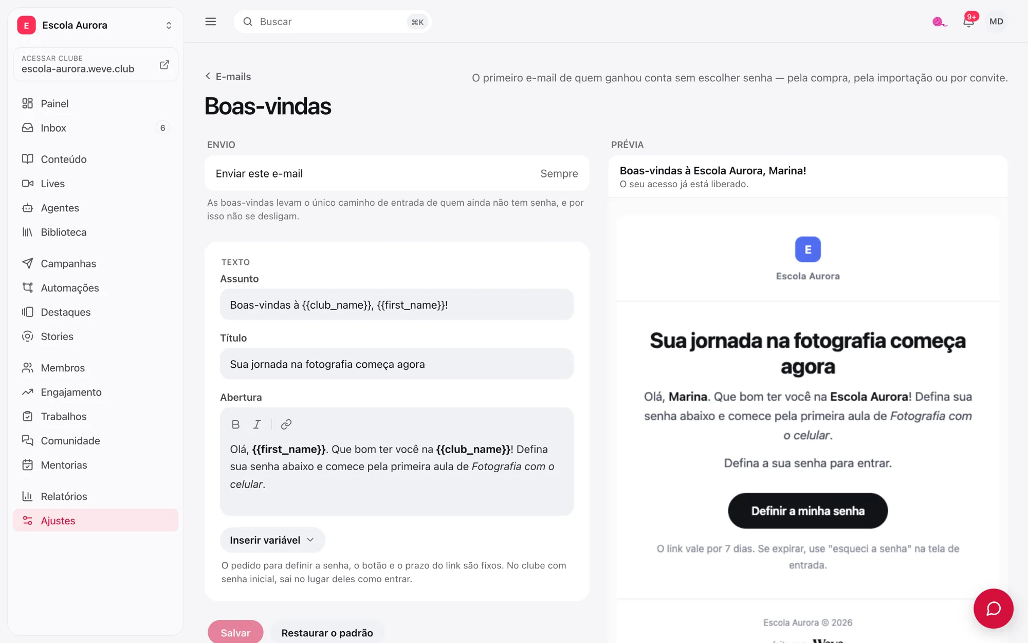 Tela do e-mail de Boas-vindas, com o texto à esquerda e a prévia à direita