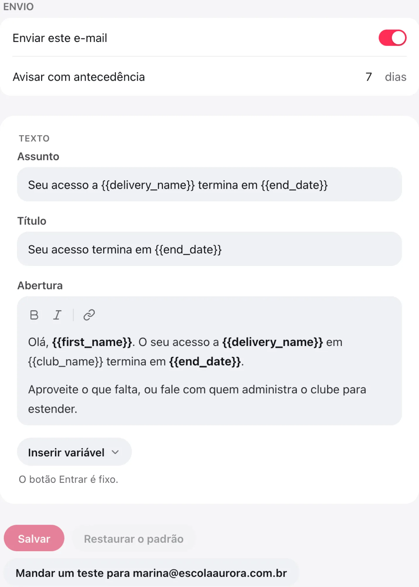 Envio do e-mail Acesso terminando, com o interruptor e a antecedência em dias