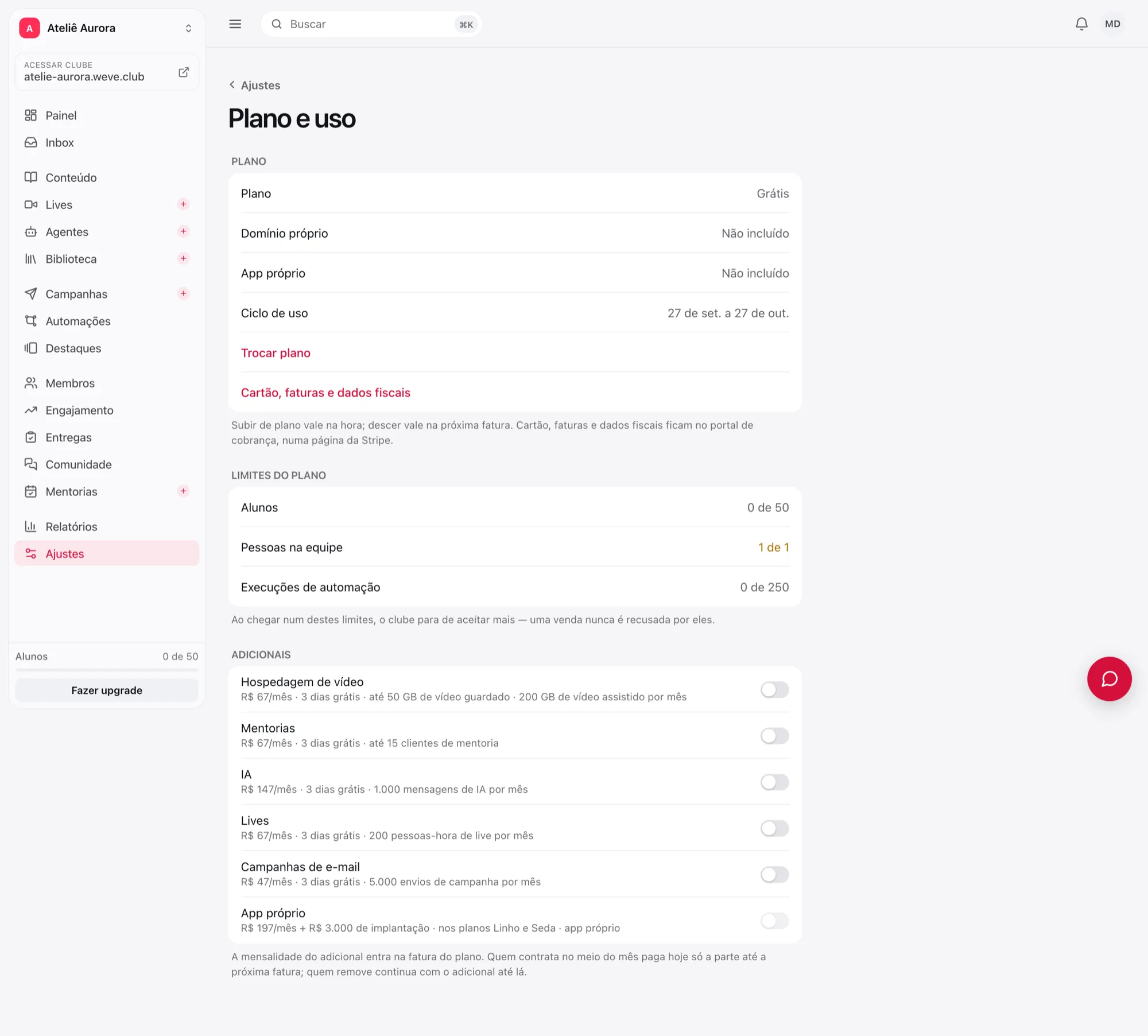 A tela Plano e uso, com o plano, os limites do plano e os adicionais