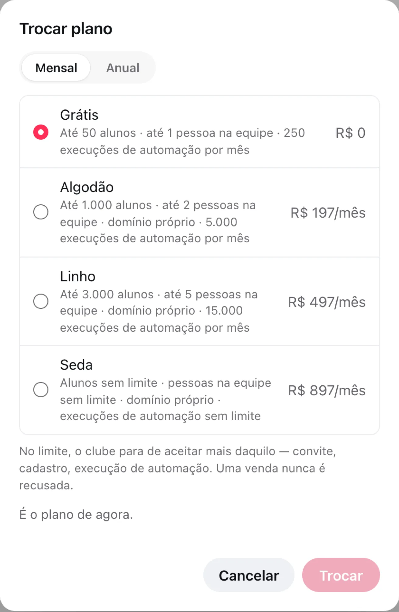 O diálogo Trocar plano, com os quatro planos, os limites e os preços
