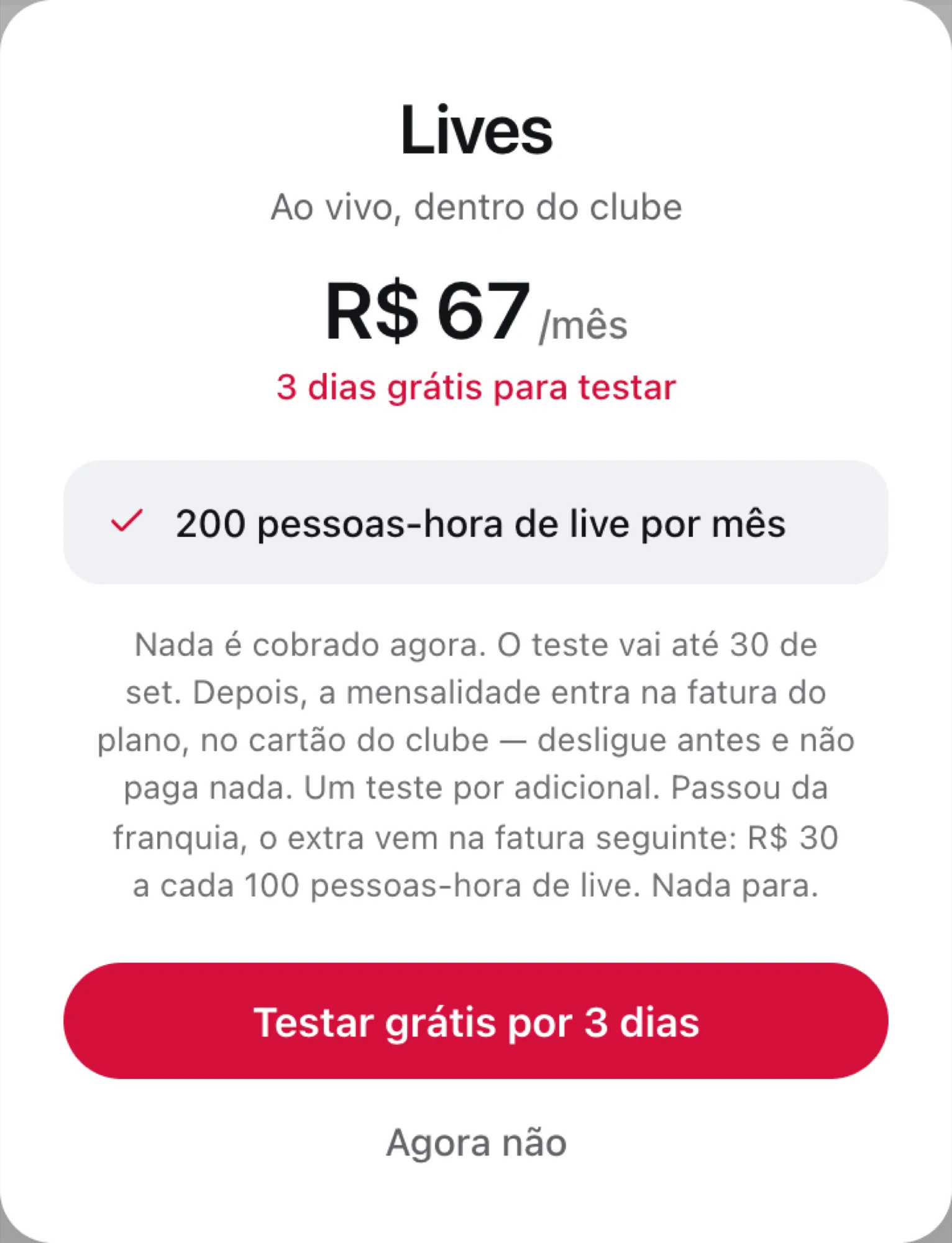 A confirmação do adicional Lives, com o preço, a franquia e o botão Testar grátis por 3 dias