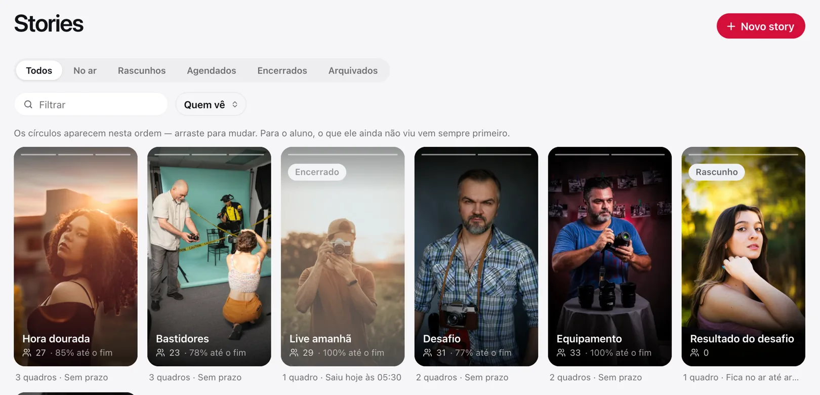 A tela Stories, com os cartões na ordem da fileira
