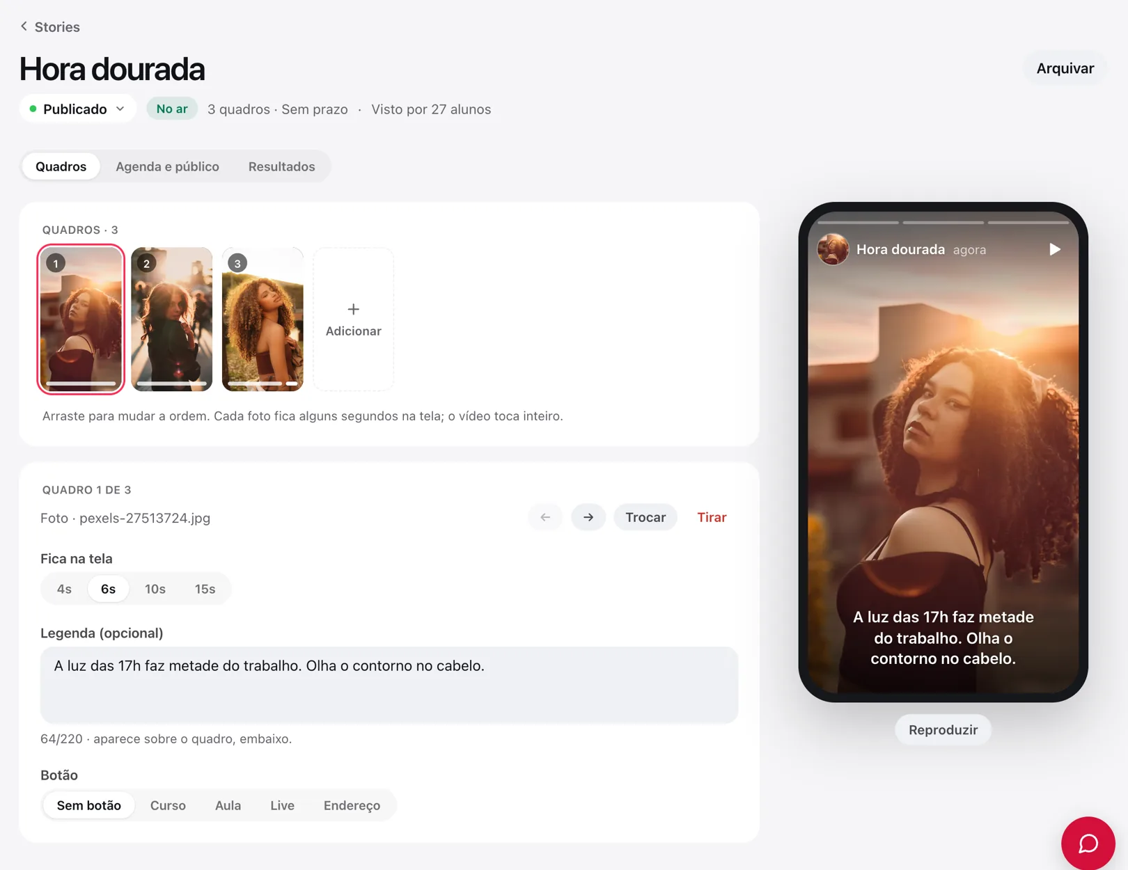 O editor do story, com os quadros, as opções do quadro escolhido e a prévia no celular