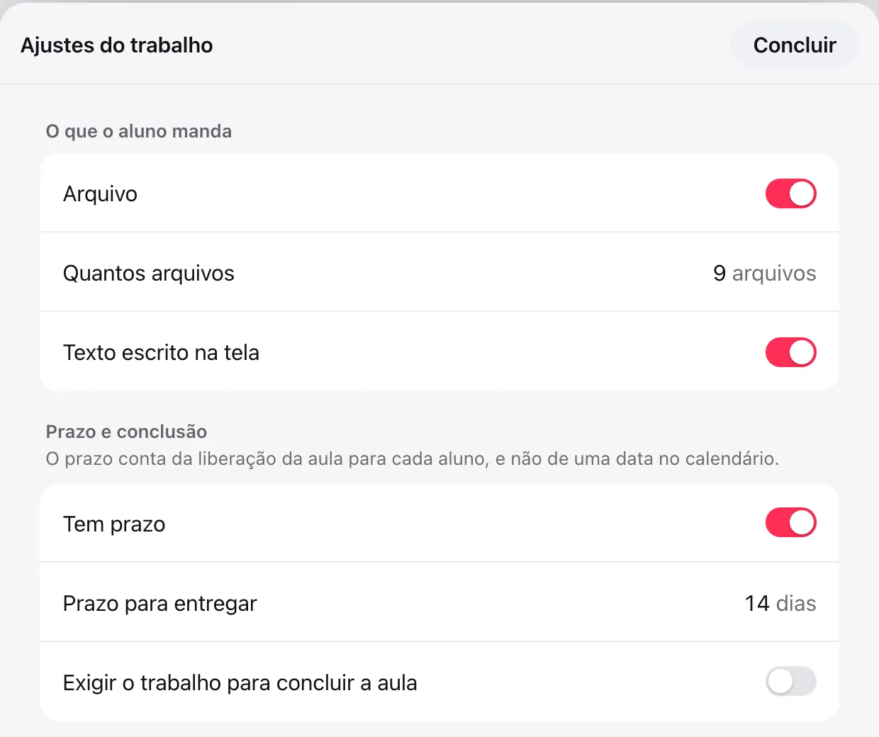 Ajustes do trabalho: Arquivo ligado, Quantos arquivos 9, Texto escrito na tela ligado, Tem prazo ligado, Prazo para entregar 14 dias e Exigir o trabalho para concluir a aula