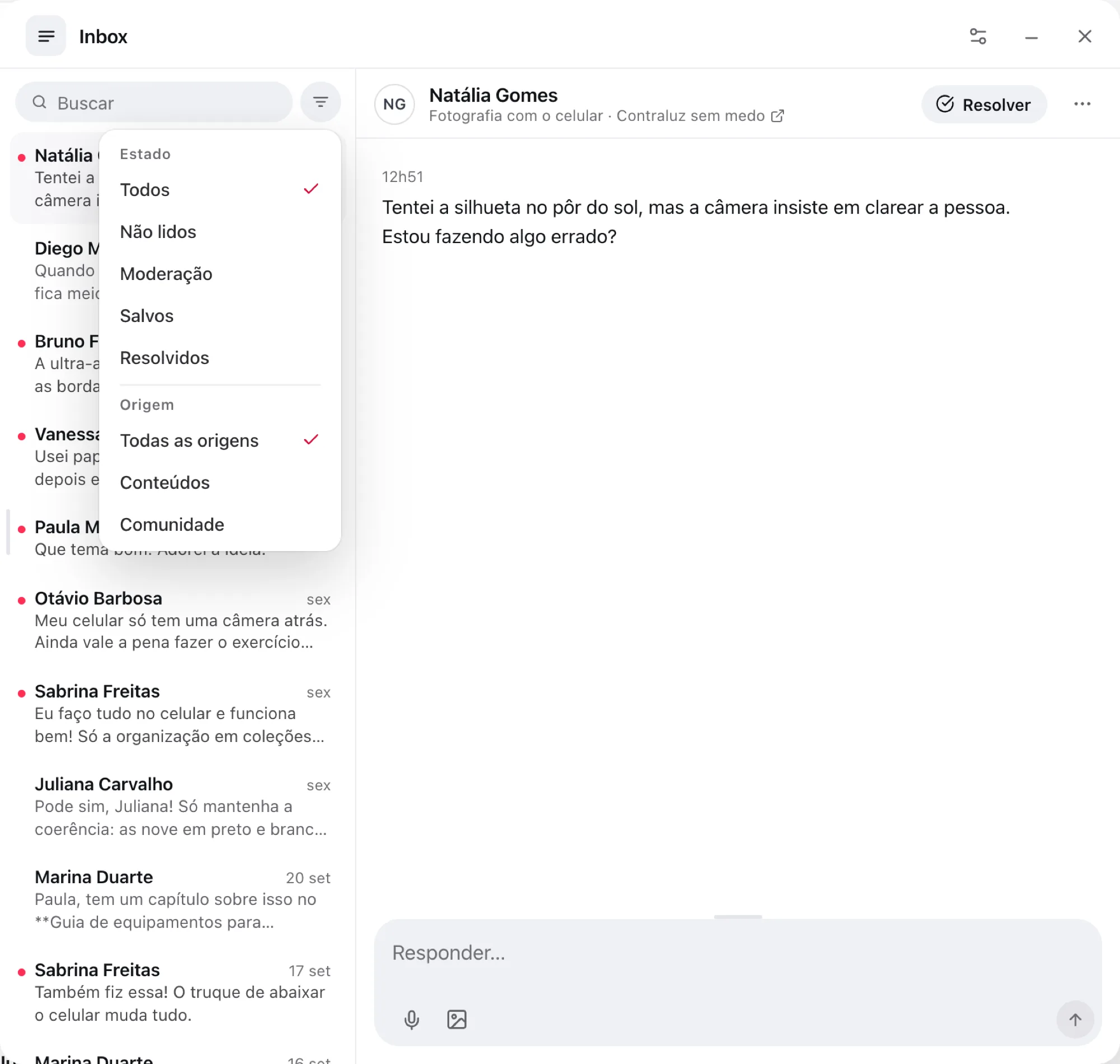 Menu de filtro do Inbox, com as opções de Estado e Origem