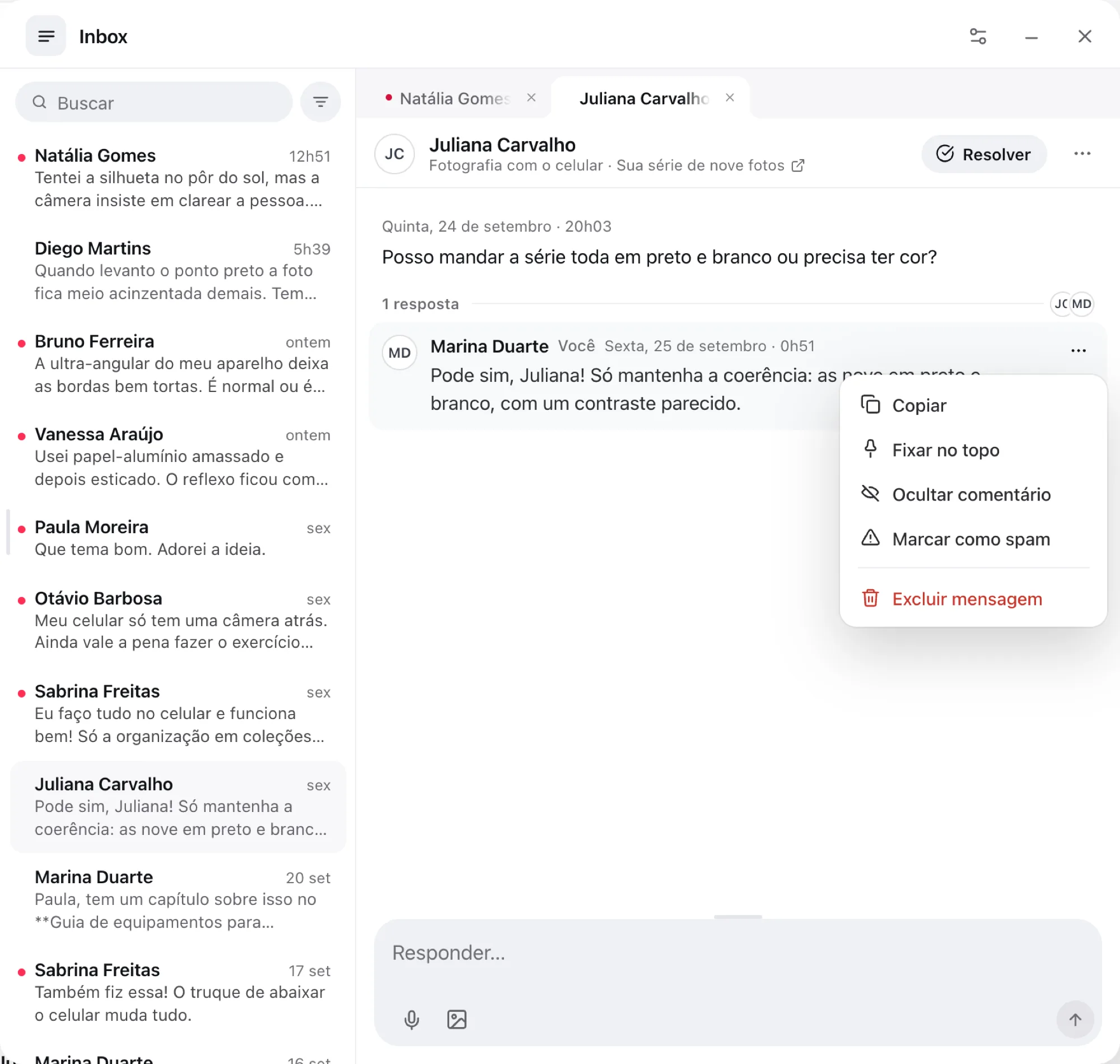 Menu de ações de uma resposta, com Copiar, Fixar no topo, Ocultar comentário, Marcar como spam e Excluir mensagem