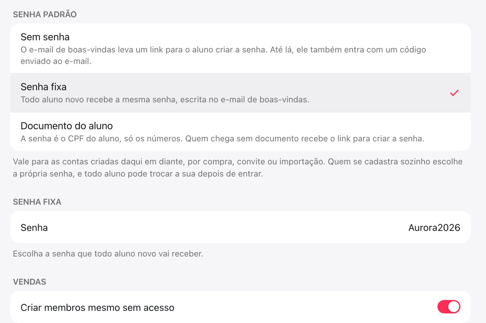 Senha fixa marcada e o campo Senha preenchido logo abaixo