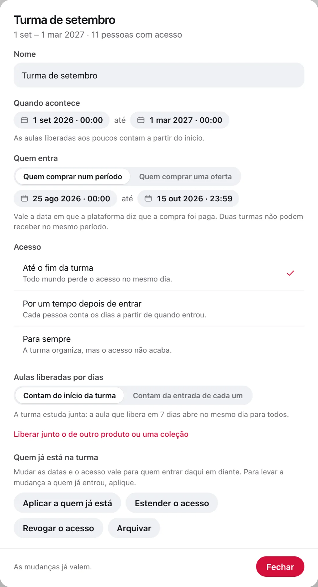Diálogo da Turma de setembro com datas, quem entra, acesso e aulas liberadas por dias