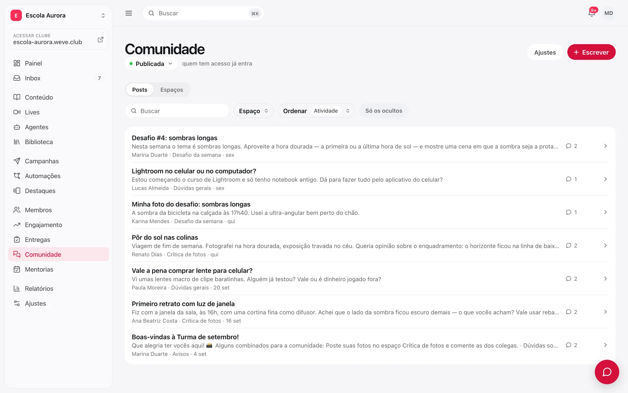 Tela Comunidade no painel, com a comunidade publicada e a lista de posts