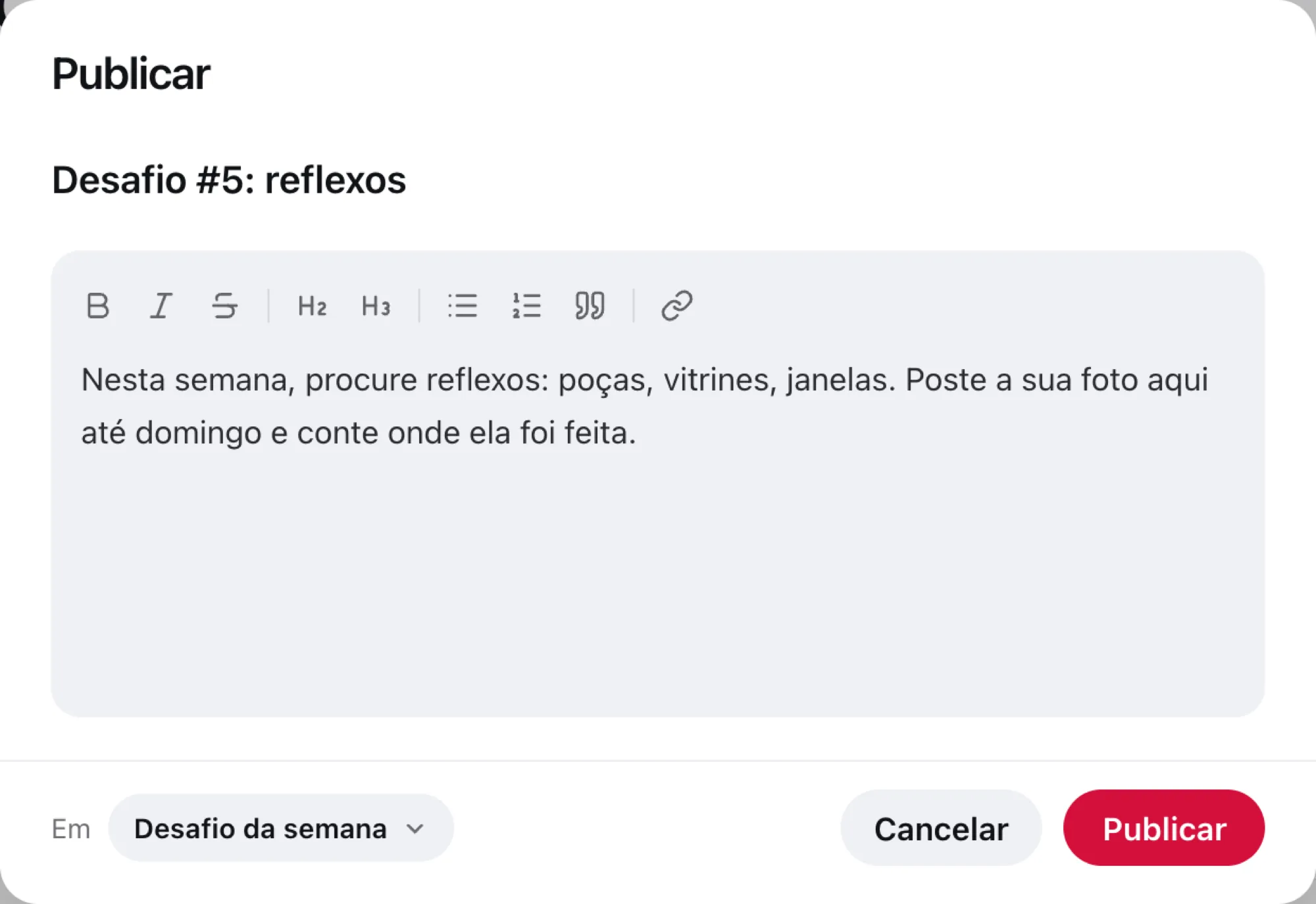 Diálogo Publicar, com título, texto e o espaço Desafio da semana escolhido