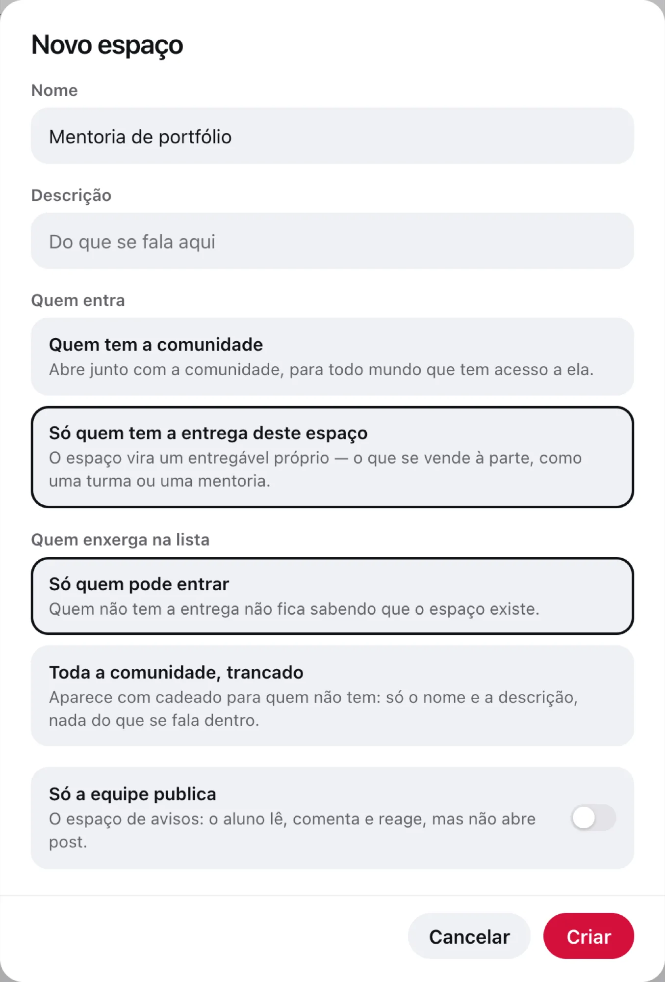 Diálogo Novo espaço, com as opções Quem entra, Quem enxerga na lista e Só a equipe publica