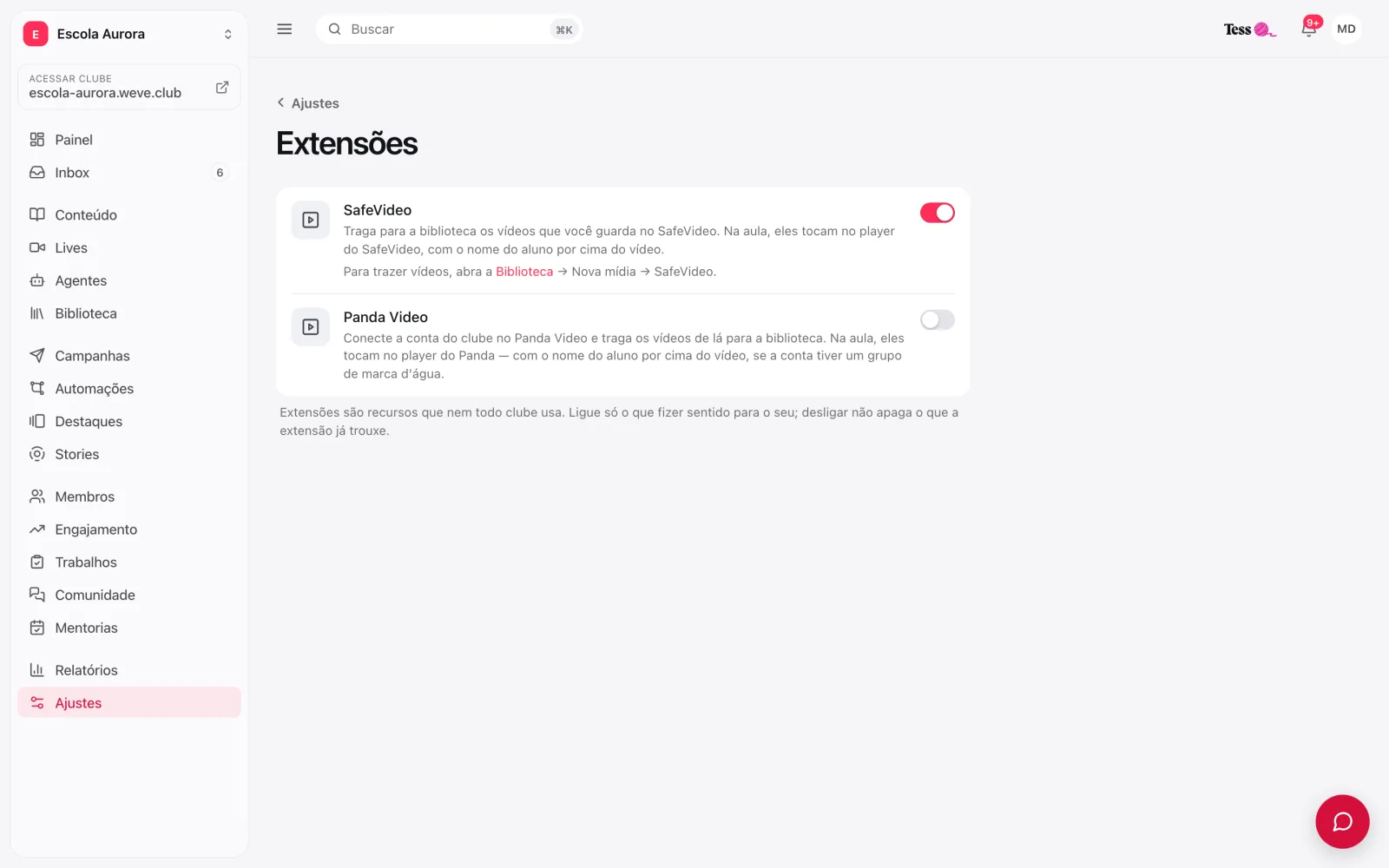 Ajustes › Extensões com o SafeVideo e o Panda Video, cada um com o seu interruptor