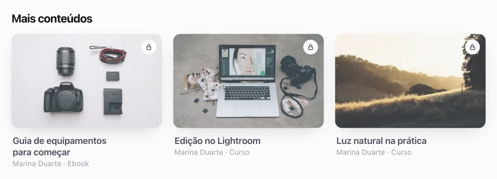 Seção Mais conteúdos de Aprender com três cursos trancados, cada um com o cadeado na capa