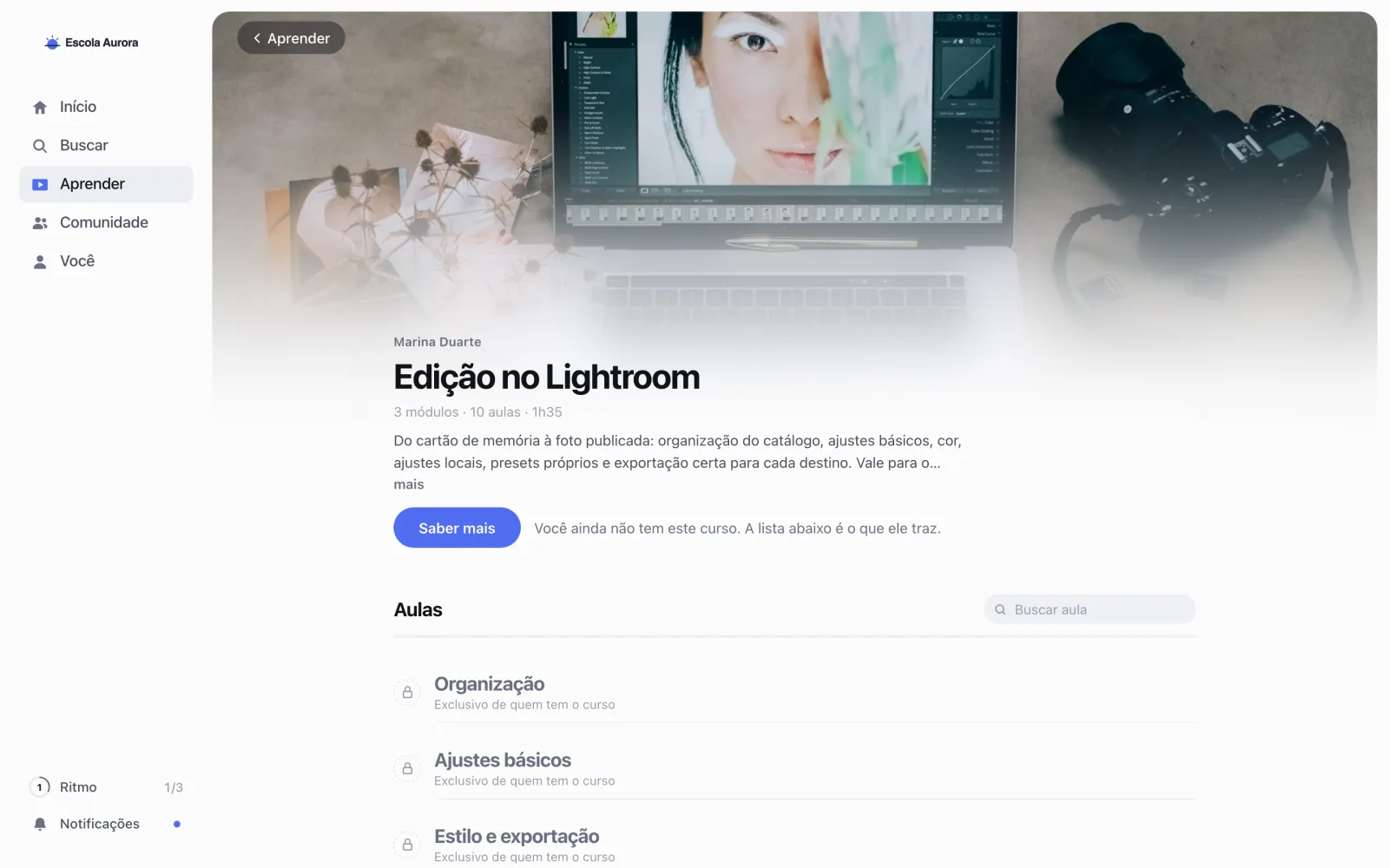Página do curso Edição no Lightroom para quem não tem acesso, com o botão Saber mais e as aulas trancadas